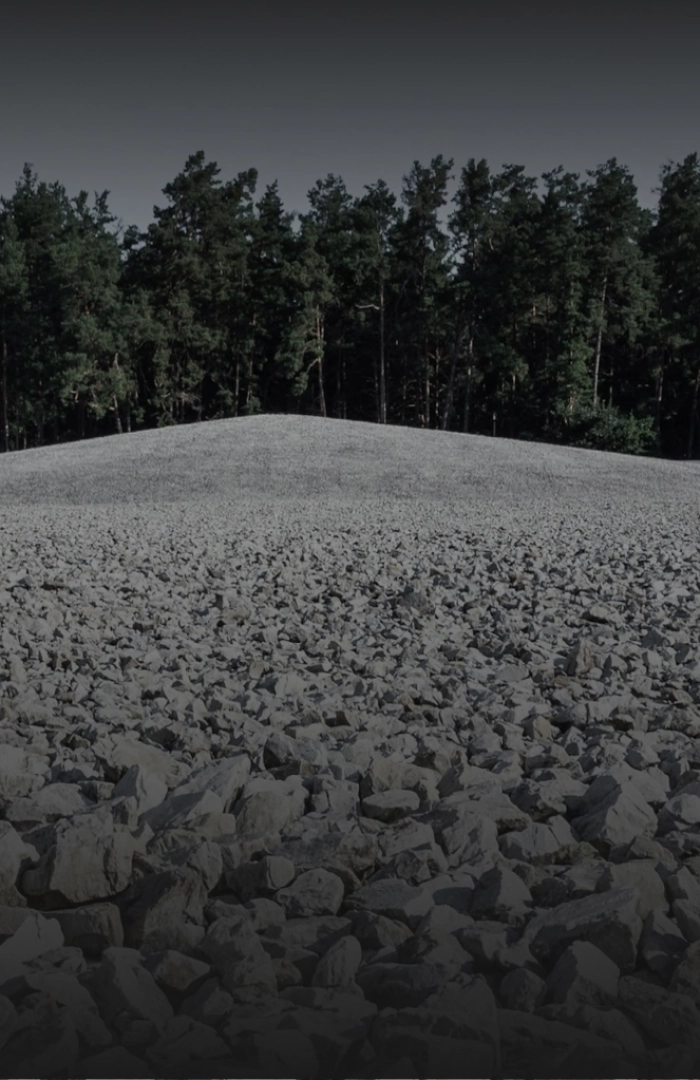 Rozległe pole jasnych kamieni tworzących symboliczne miejsce pamięci w Sobiborze. Na środku widoczny jest niewielki kopiec z kamieni, a w tle rośnie gęsty las.