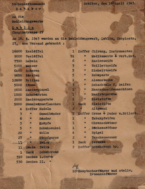 A damaged document in German dated April 16, 1943, prepared in Sobibór.