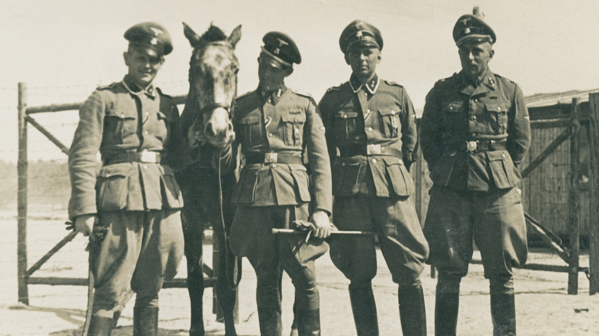 Czarno białe zdjęcie przedstawiające czterech młodych mężczyzn z niemieckich mundurach SS pozujących w szeregu na tle ogrodzenia z drutu kolczastego i drewnianego baraku. Dwóch z nich trzyma w rękach rękawiczki i pałki, dwóch trzyma ręce splecione za plecami. Między mężczyznami stoi również ciemnej maści koń, którego jeden z mężczyzn przytrzymuje za uzdę. Wśród esesmanów panuje radosna atmosfera.