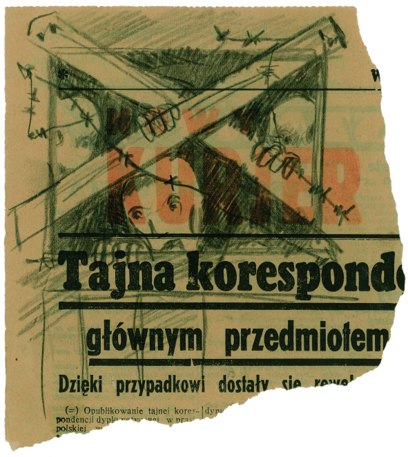Rysunek przestawiający dwie osoby w uwiezione w wagonie, wykonany na skrawku gazety, urwany napis: Tajna korespond(encja) 